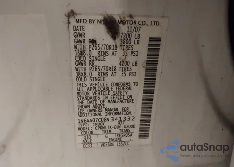 2008 Nissan Titan Pro-4X/Se из США, поврежденный, VIN 1N6AA07C08N341332